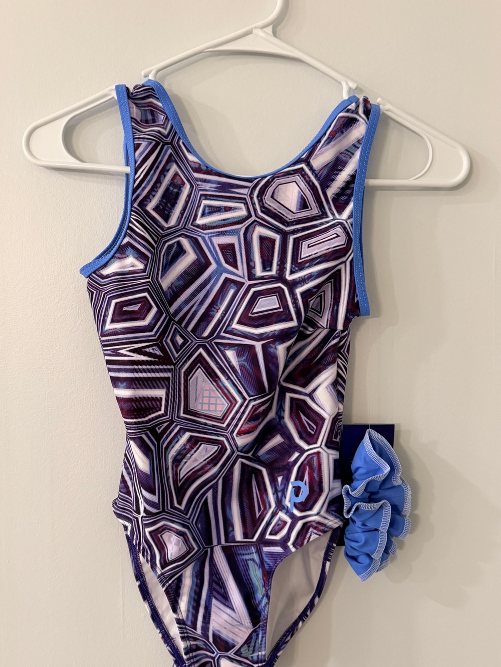 Plum leotard Purple Geo crackle with Blue Trim